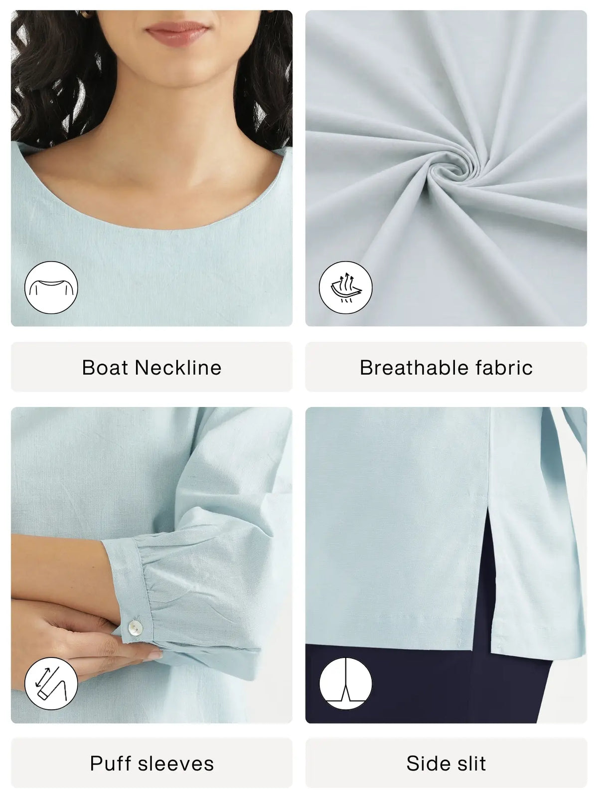 Women Sky Blue Airy Linen Puff Sleeve Short Kurta