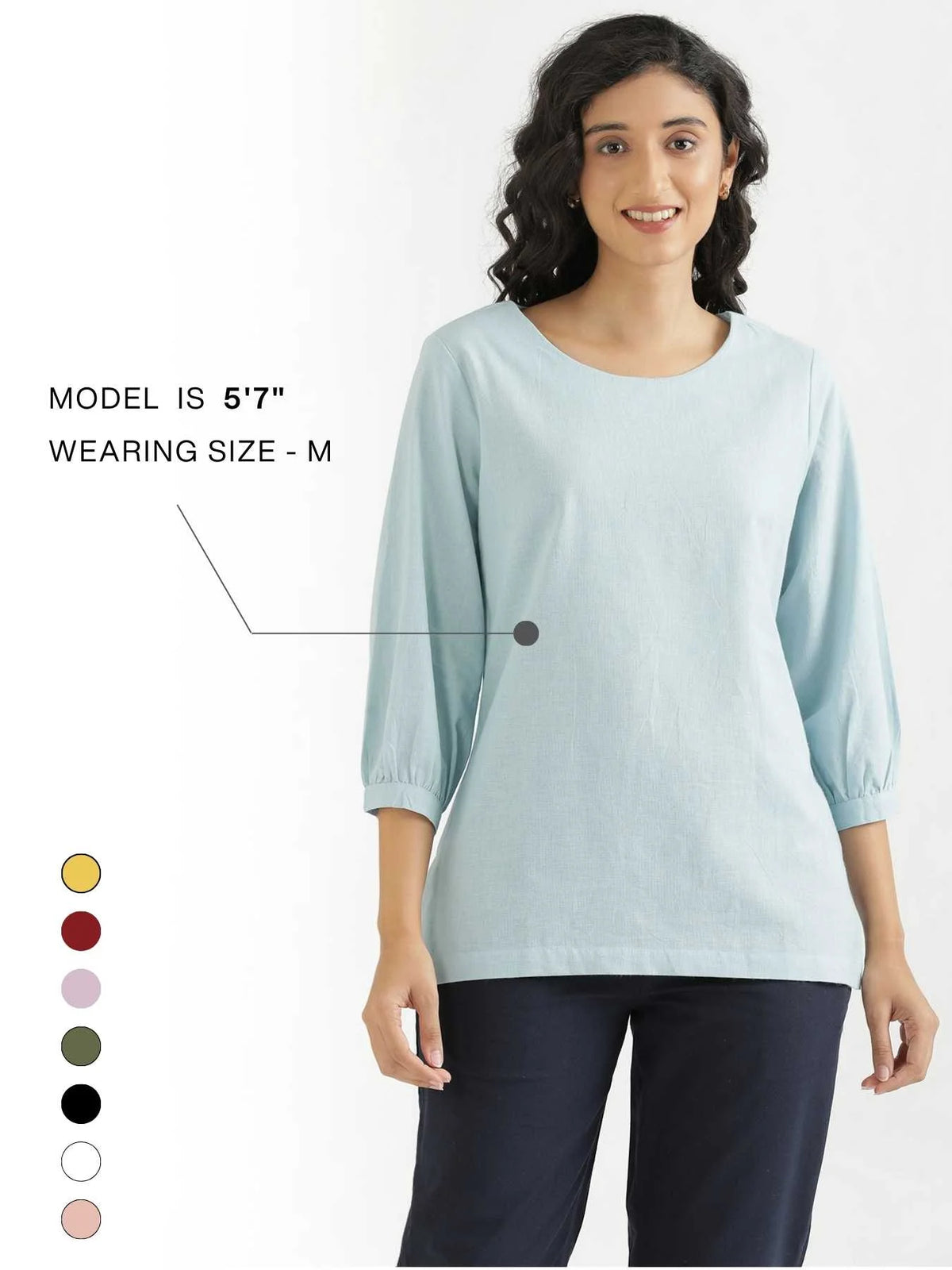 Women Sky Blue Airy Linen Puff Sleeve Short Kurta