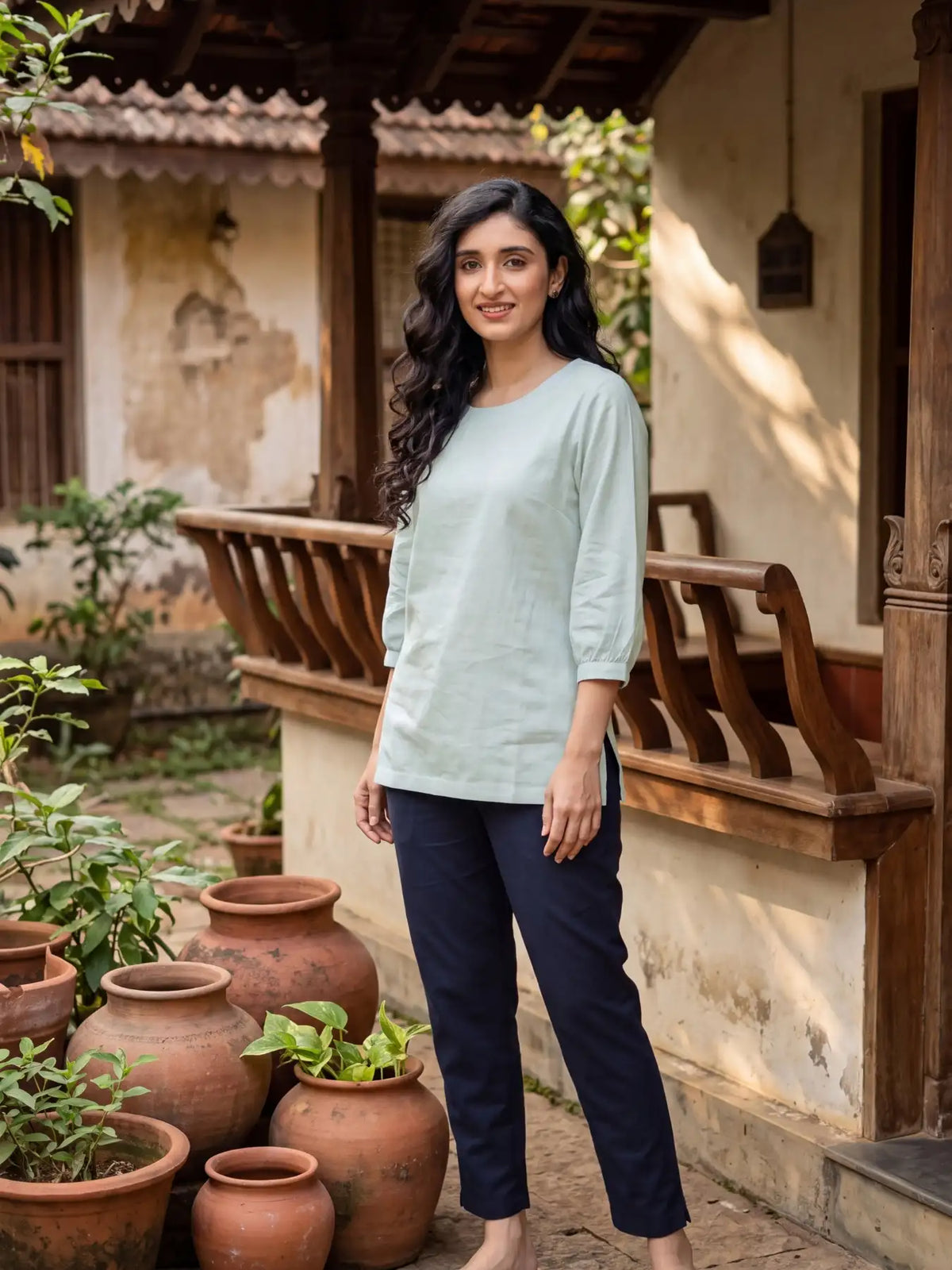 Women Sky Blue Airy Linen Puff Sleeve Short Kurta