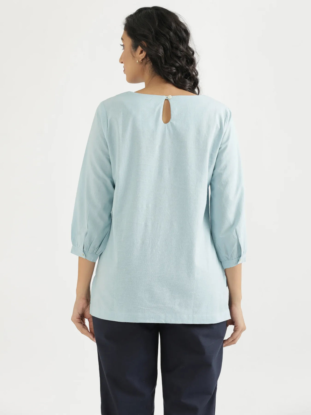 Women Sky Blue Airy Linen Puff Sleeve Short Kurta
