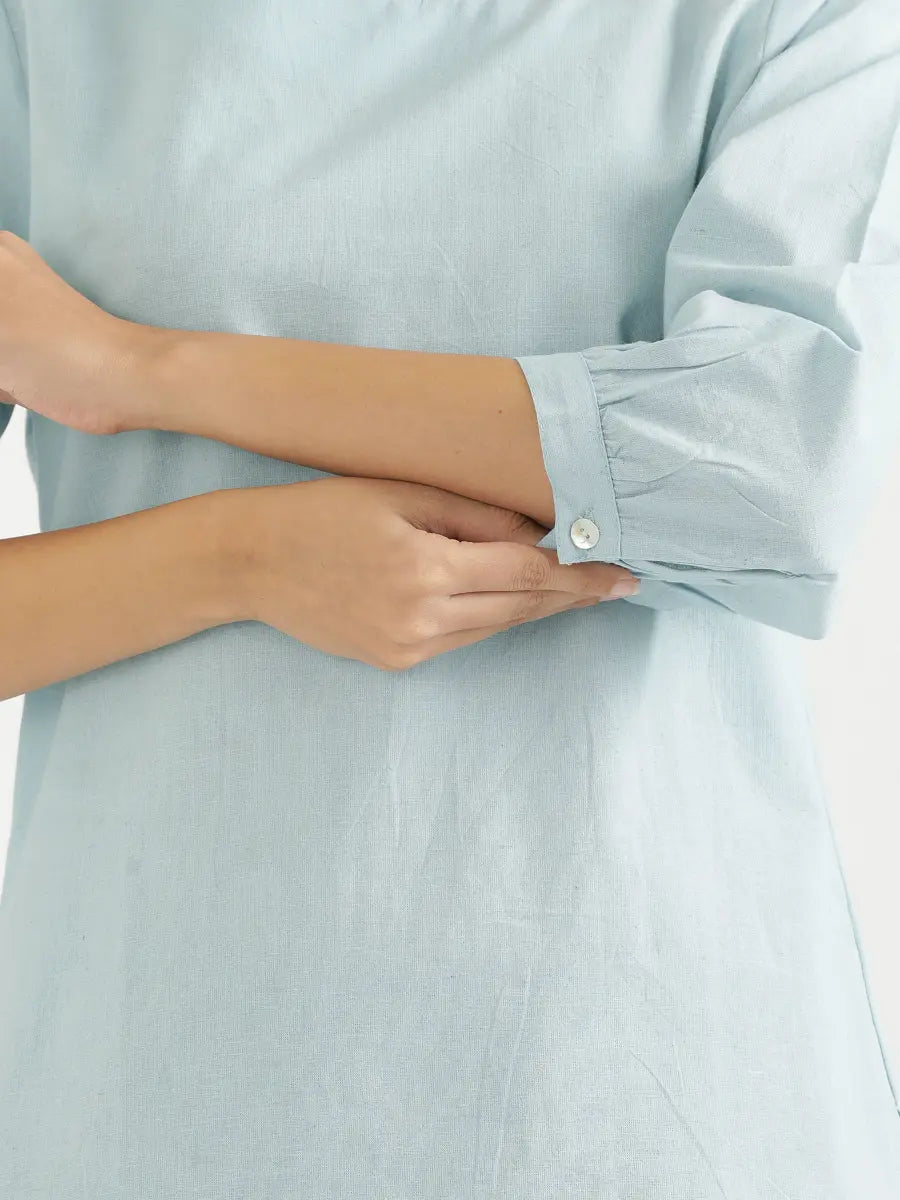 Women Sky Blue Airy Linen Puff Sleeve Short Kurta