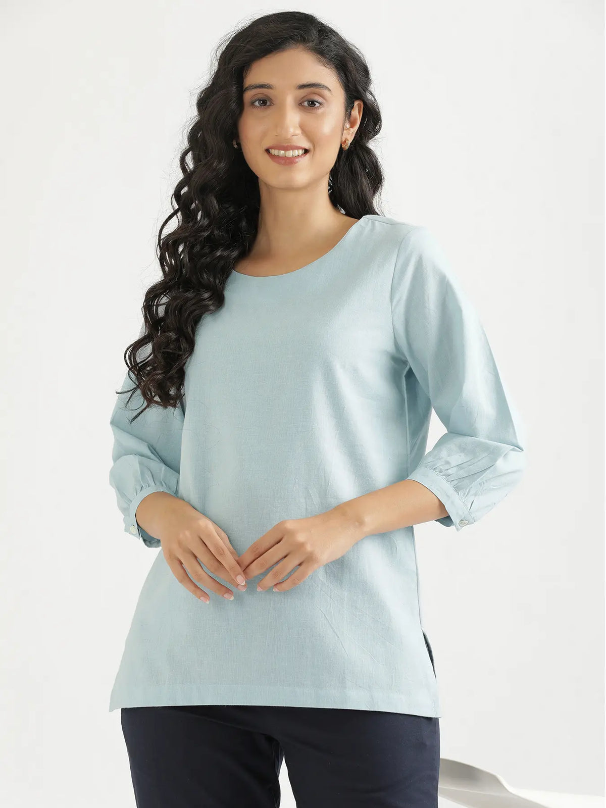 Women Sky Blue Airy Linen Puff Sleeve Short Kurta