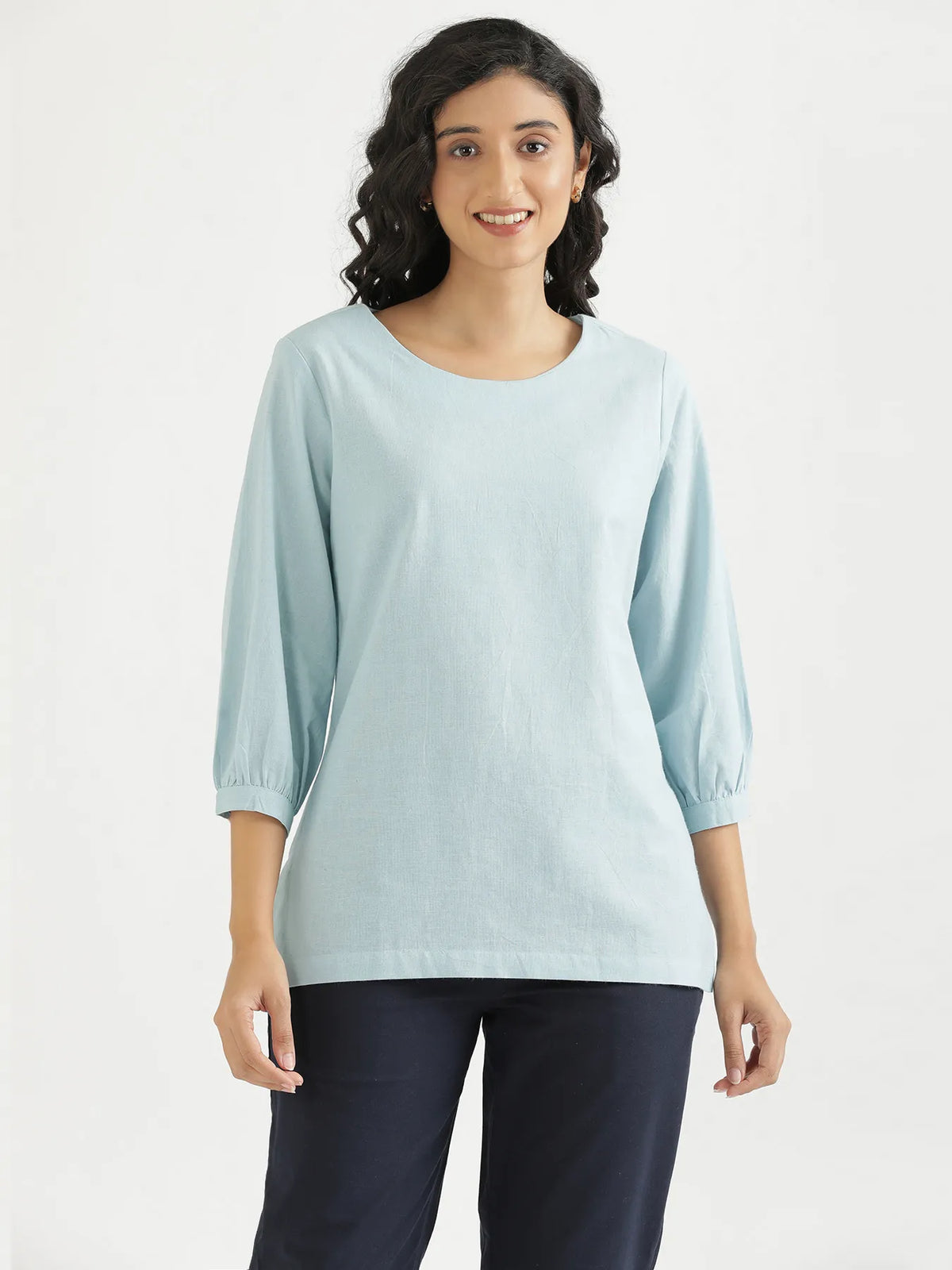 Women Sky Blue Airy Linen Puff Sleeve Short Kurta