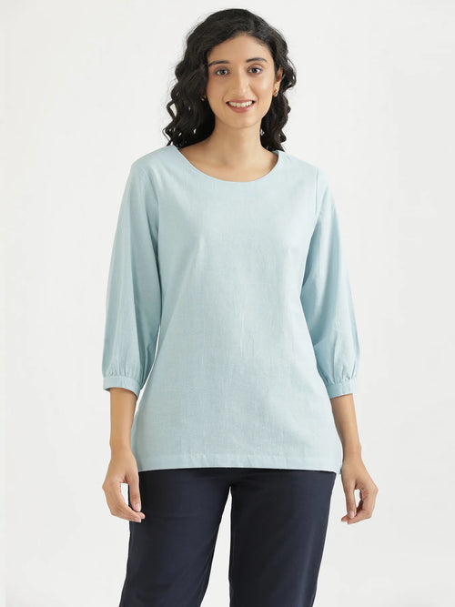 Women Sky Blue Airy Linen Puff Sleeve Short Kurta