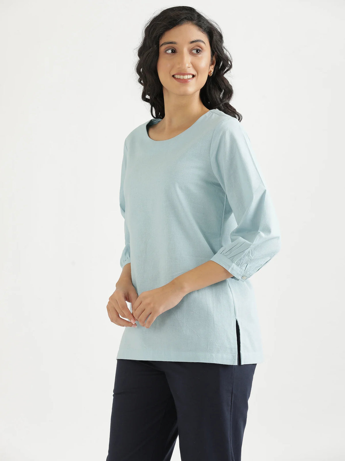 Women Sky Blue Airy Linen Puff Sleeve Short Kurta