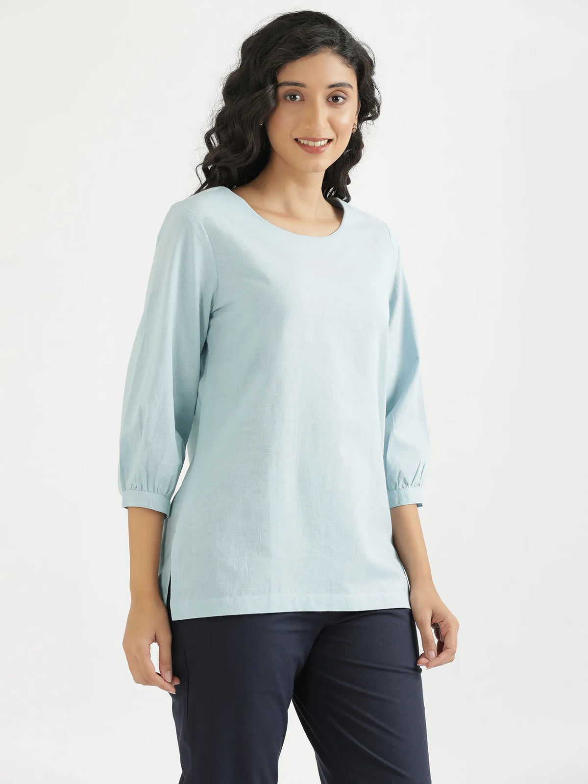 Women Sky Blue Airy Linen Puff Sleeve Short Kurta