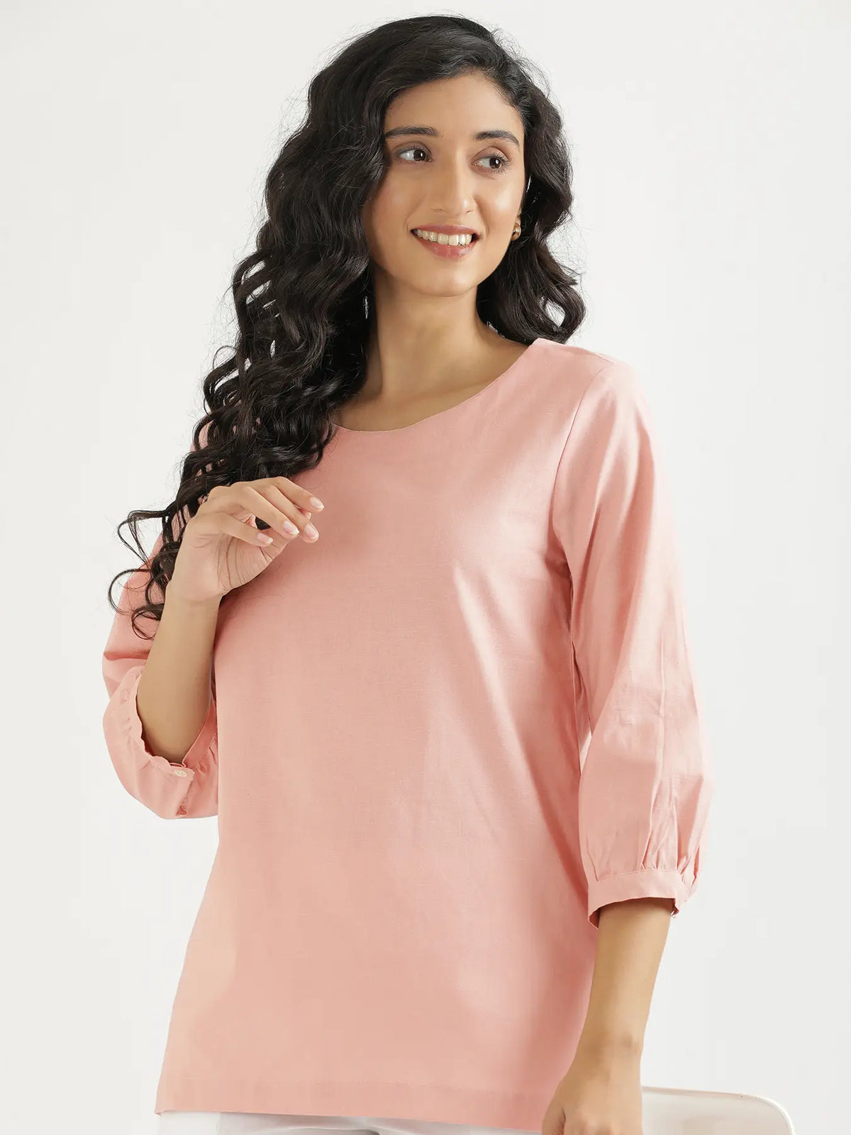 Women Salmon Pink Airy Linen Puff Sleeve Short Kurta