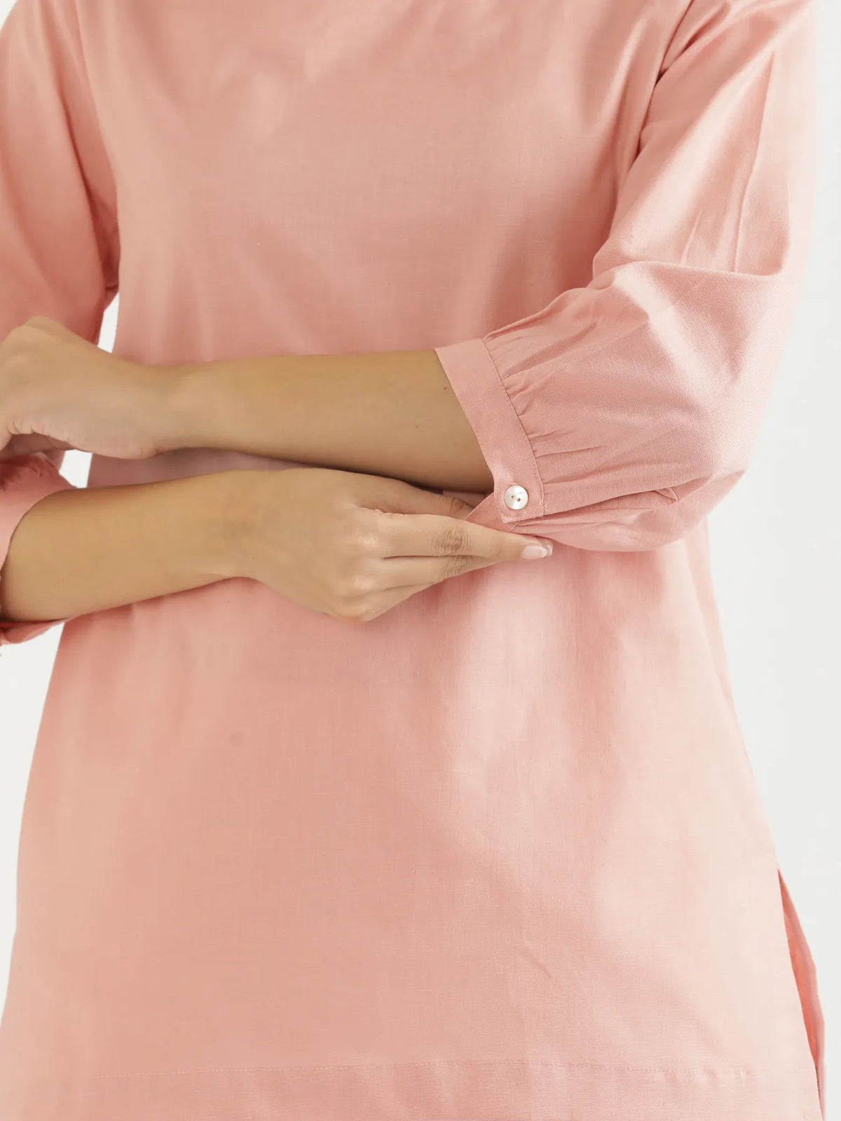 Women Salmon Pink Airy Linen Puff Sleeve Short Kurta