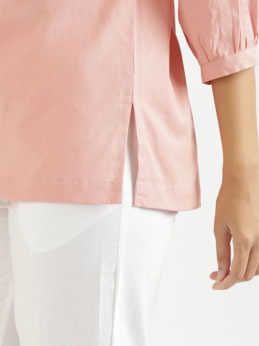 Women Salmon Pink Airy Linen Puff Sleeve Short Kurta