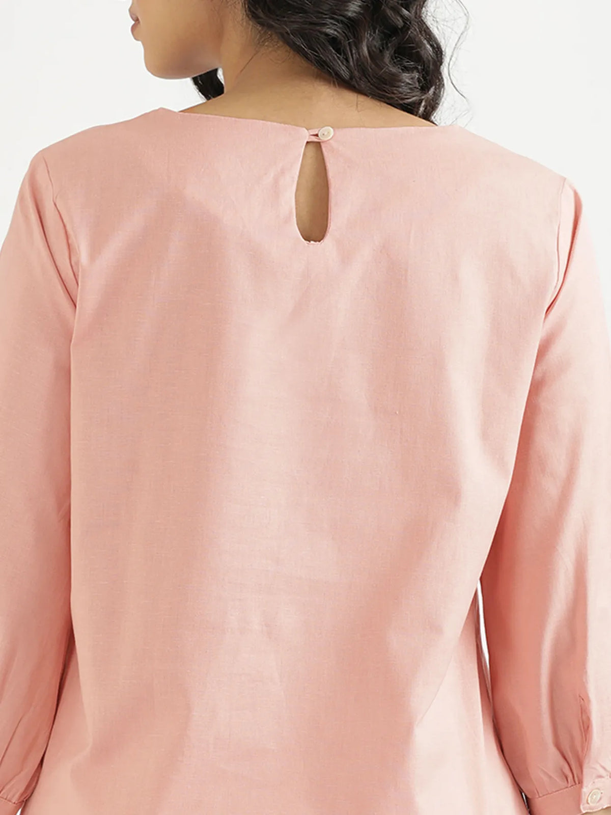 Women Salmon Pink Airy Linen Puff Sleeve Short Kurta