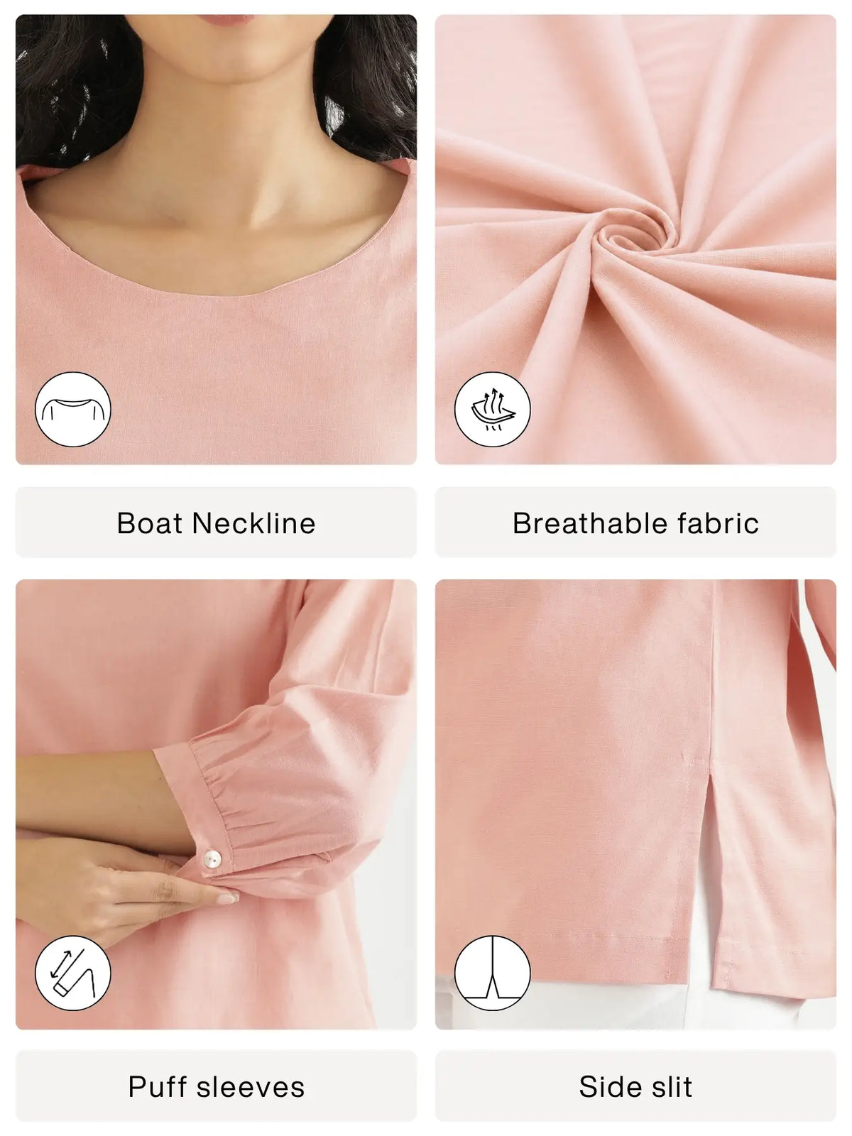 Women Salmon Pink Airy Linen Puff Sleeve Short Kurta