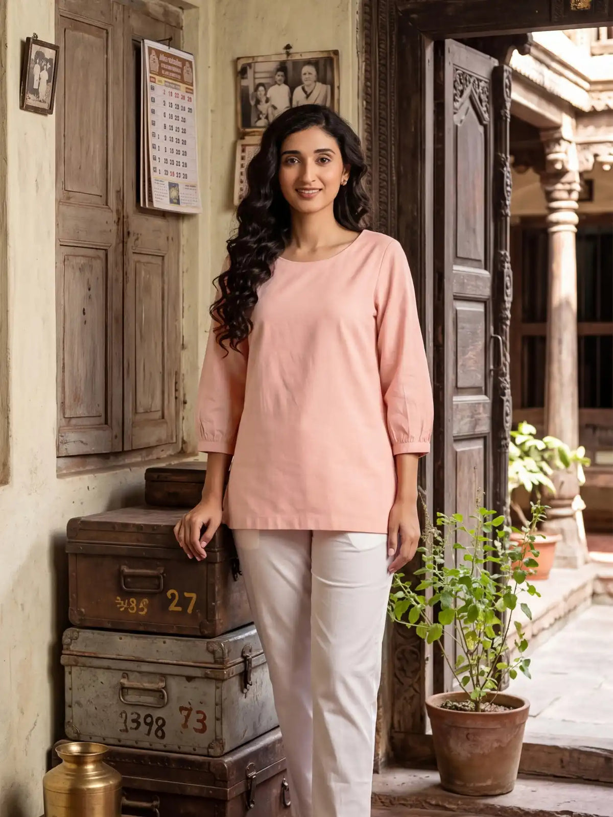 Women Salmon Pink Airy Linen Puff Sleeve Short Kurta