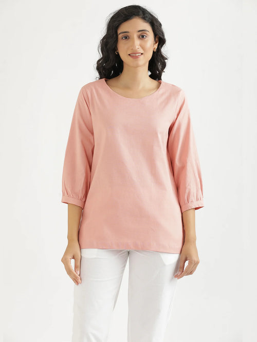 Women Salmon Pink Airy Linen Puff Sleeve Short Kurta