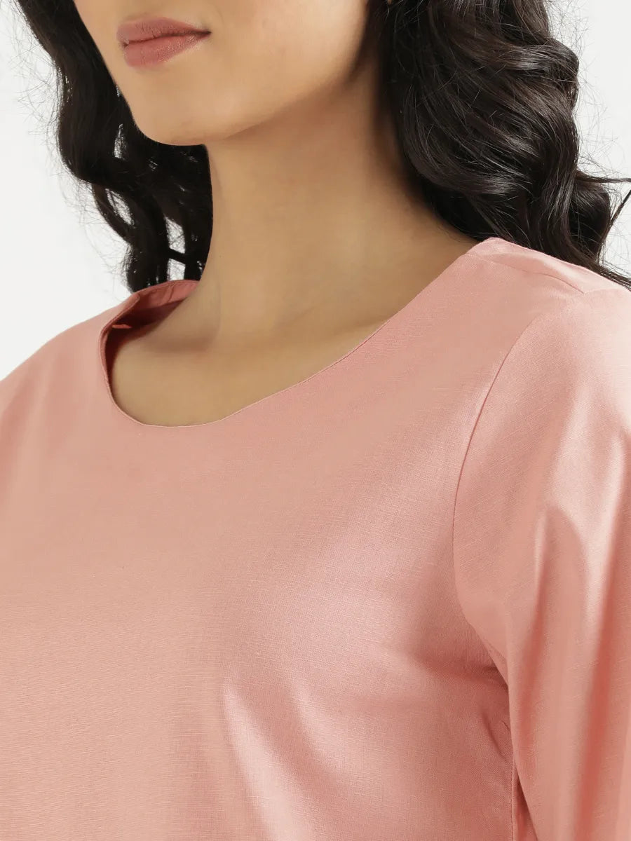 Women Salmon Pink Airy Linen Puff Sleeve Short Kurta
