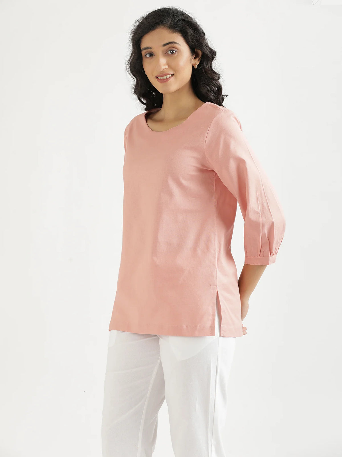 Women Salmon Pink Airy Linen Puff Sleeve Short Kurta