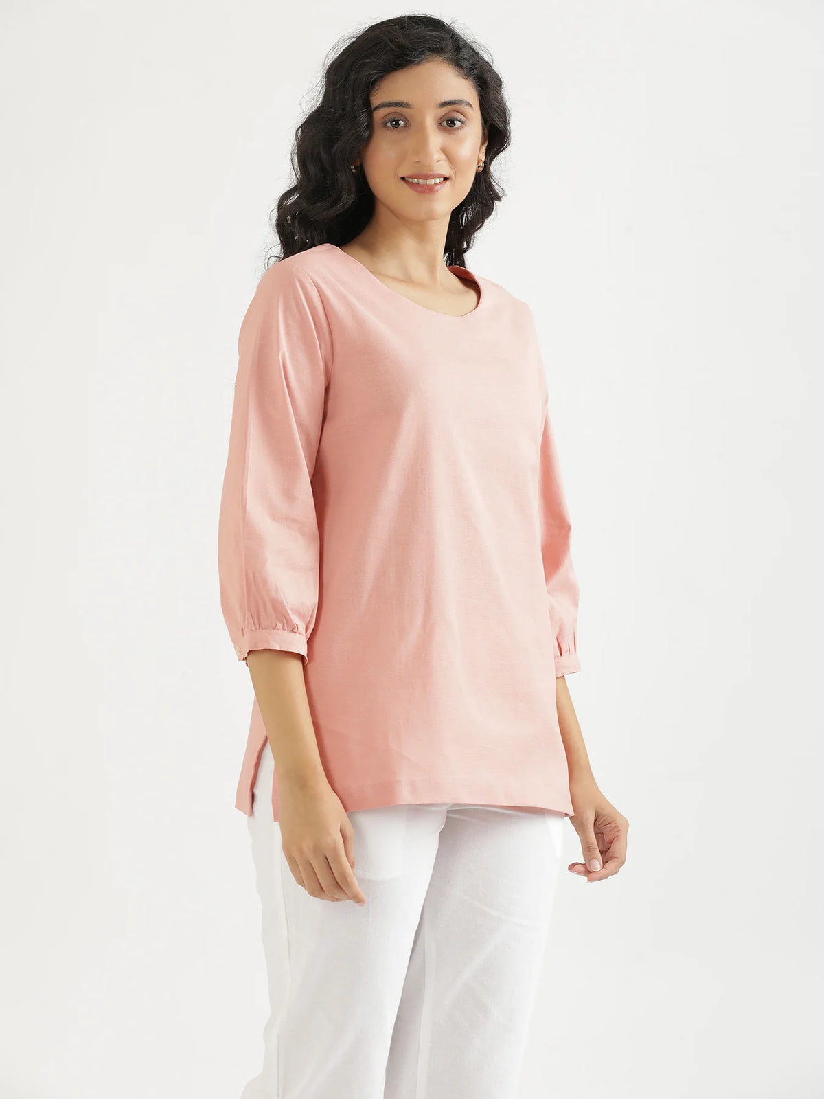 Women Salmon Pink Airy Linen Puff Sleeve Short Kurta