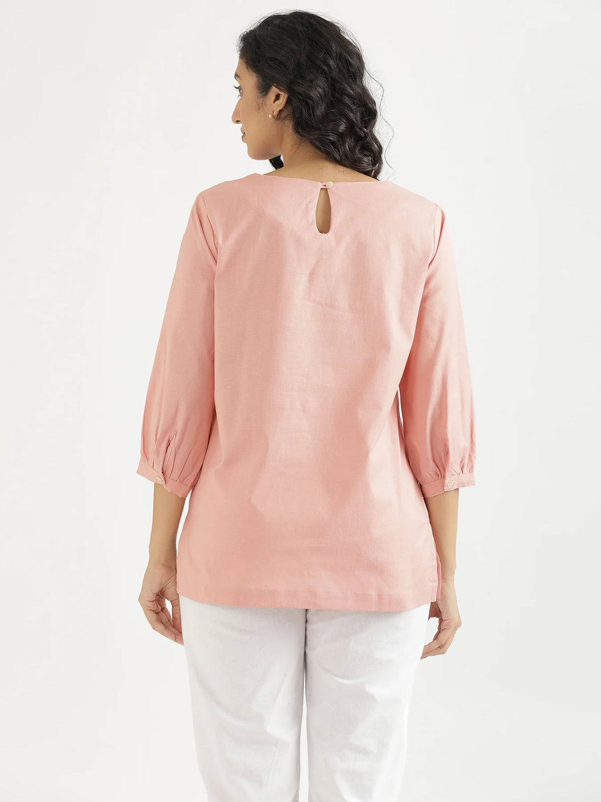 Women Salmon Pink Airy Linen Puff Sleeve Short Kurta