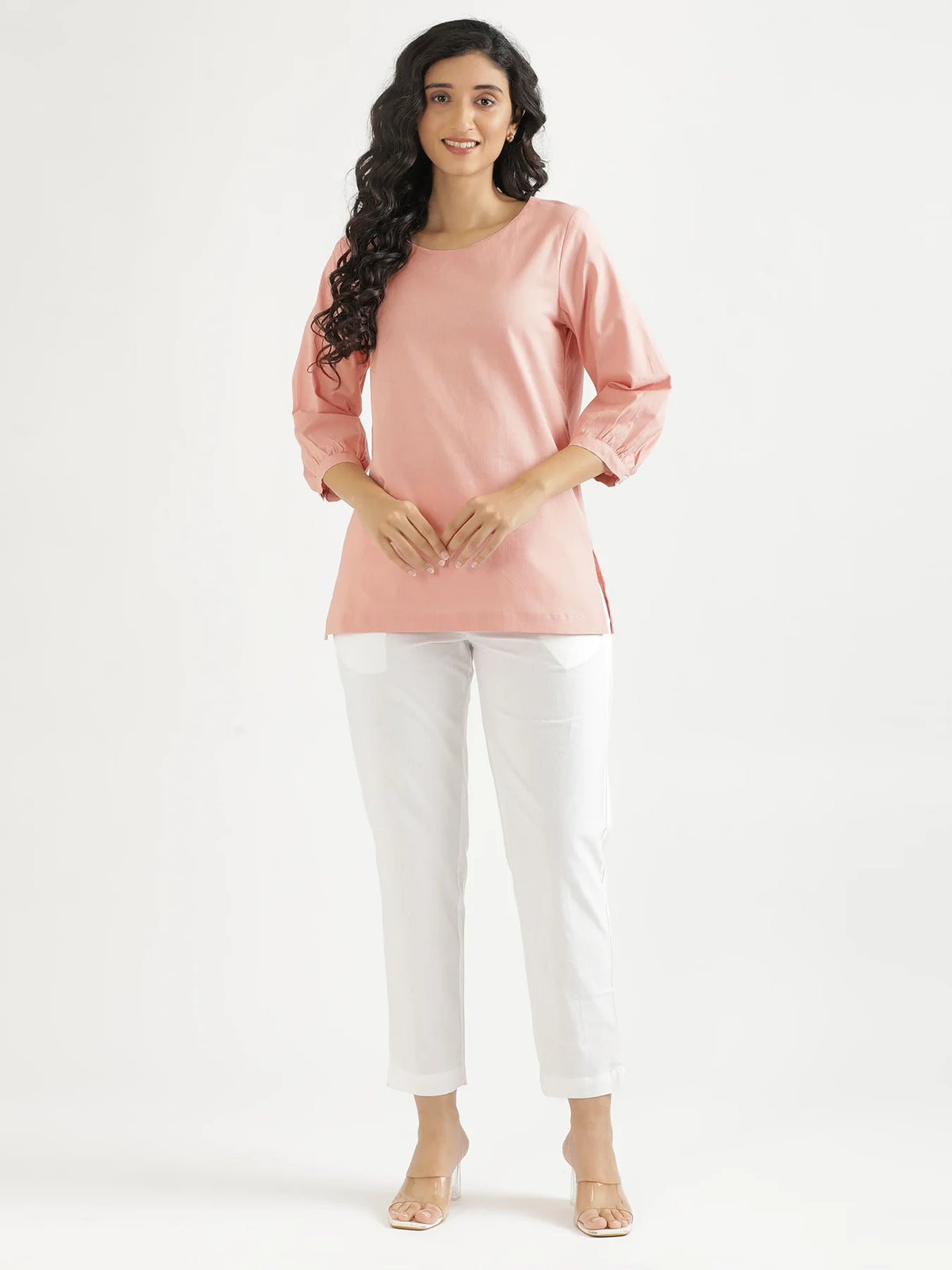 Women Salmon Pink Airy Linen Puff Sleeve Short Kurta