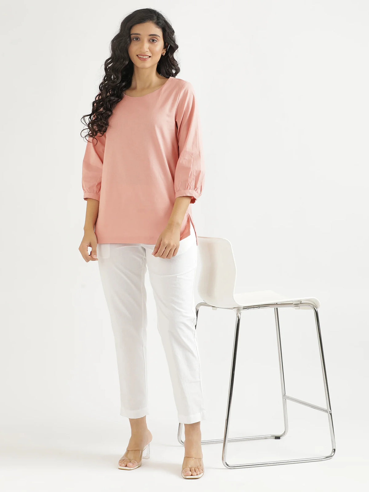Women Salmon Pink Airy Linen Puff Sleeve Short Kurta