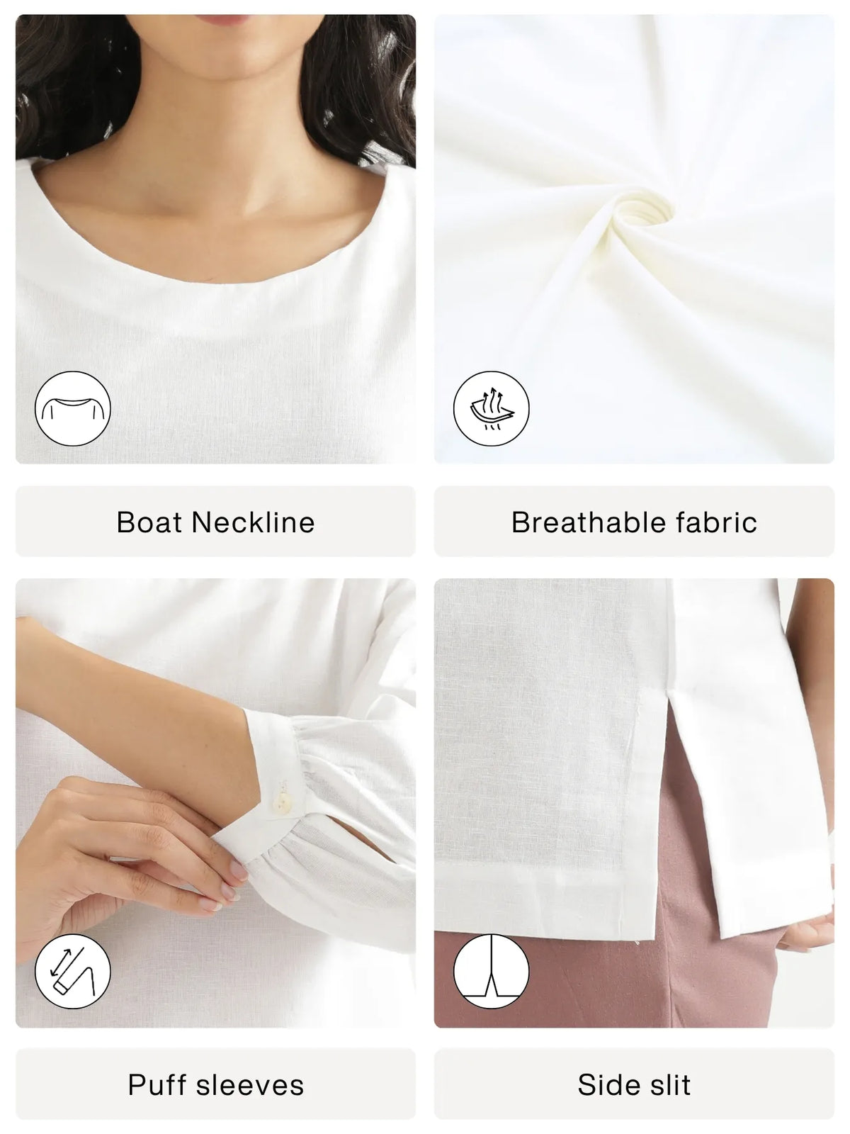 Women White Airy Linen Puff Sleeve Short Kurta