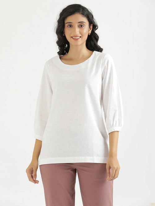 Women White Airy Linen Puff Sleeve Short Kurta