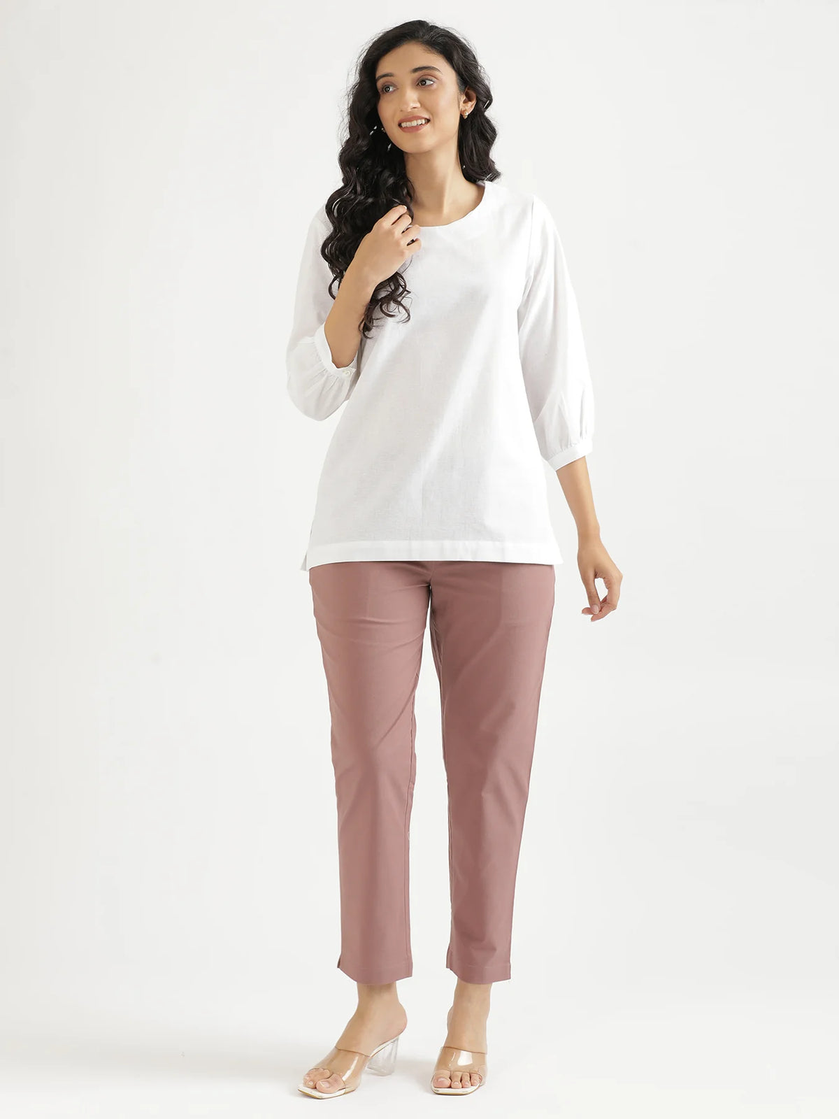 Women White Airy Linen Puff Sleeve Short Kurta