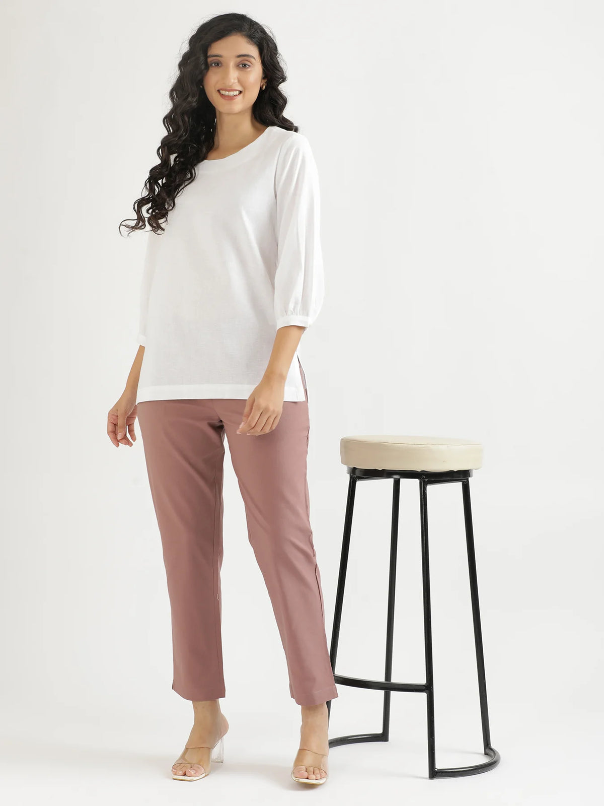 Women White Airy Linen Puff Sleeve Short Kurta