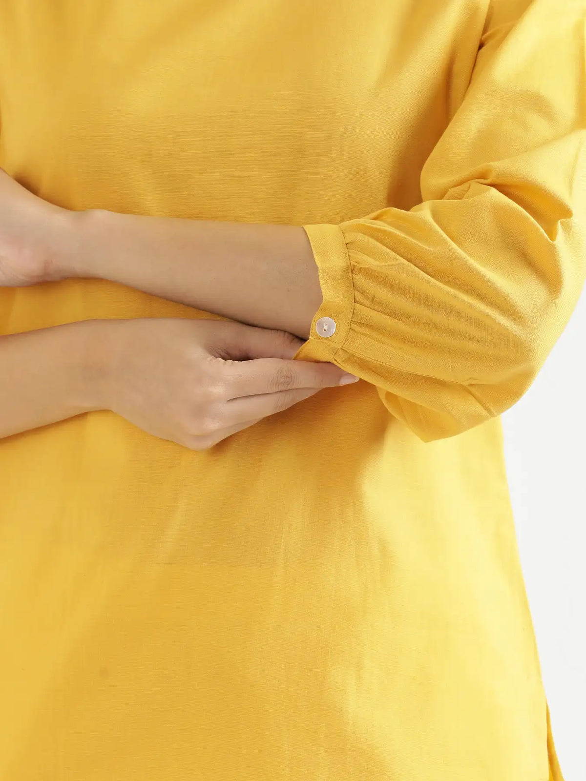 Women Yellow Airy Linen Puff Sleeve Short Kurta