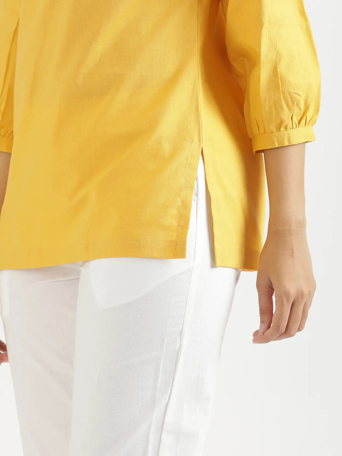 Women Yellow Airy Linen Puff Sleeve Short Kurta