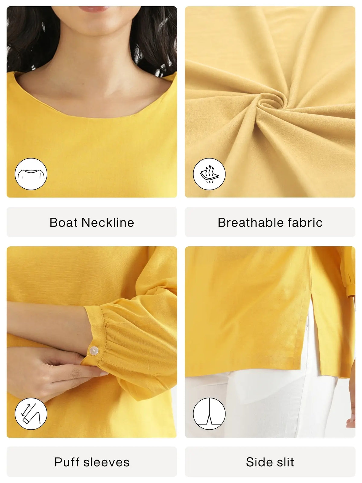 Women Yellow Airy Linen Puff Sleeve Short Kurta