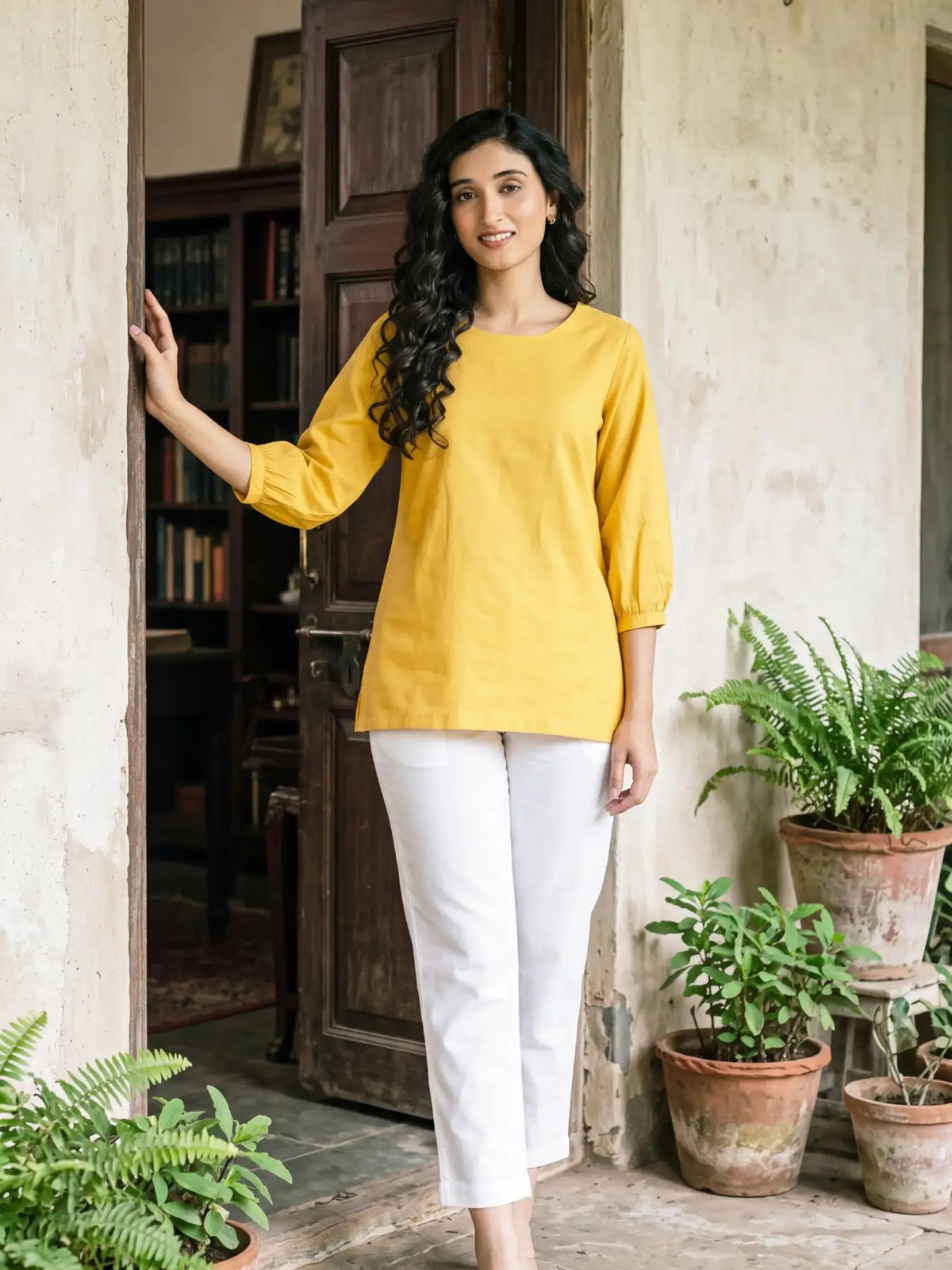 Women Yellow Airy Linen Puff Sleeve Short Kurta