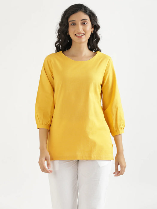 Women Yellow Airy Linen Puff Sleeve Short Kurta