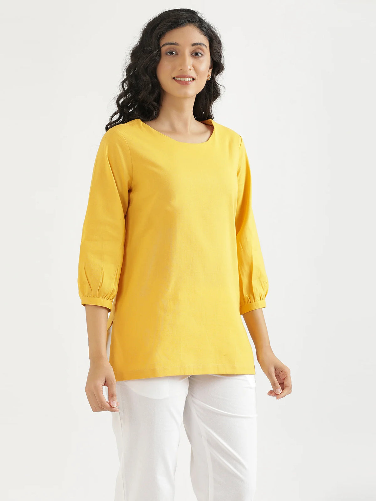 Women Yellow Airy Linen Puff Sleeve Short Kurta