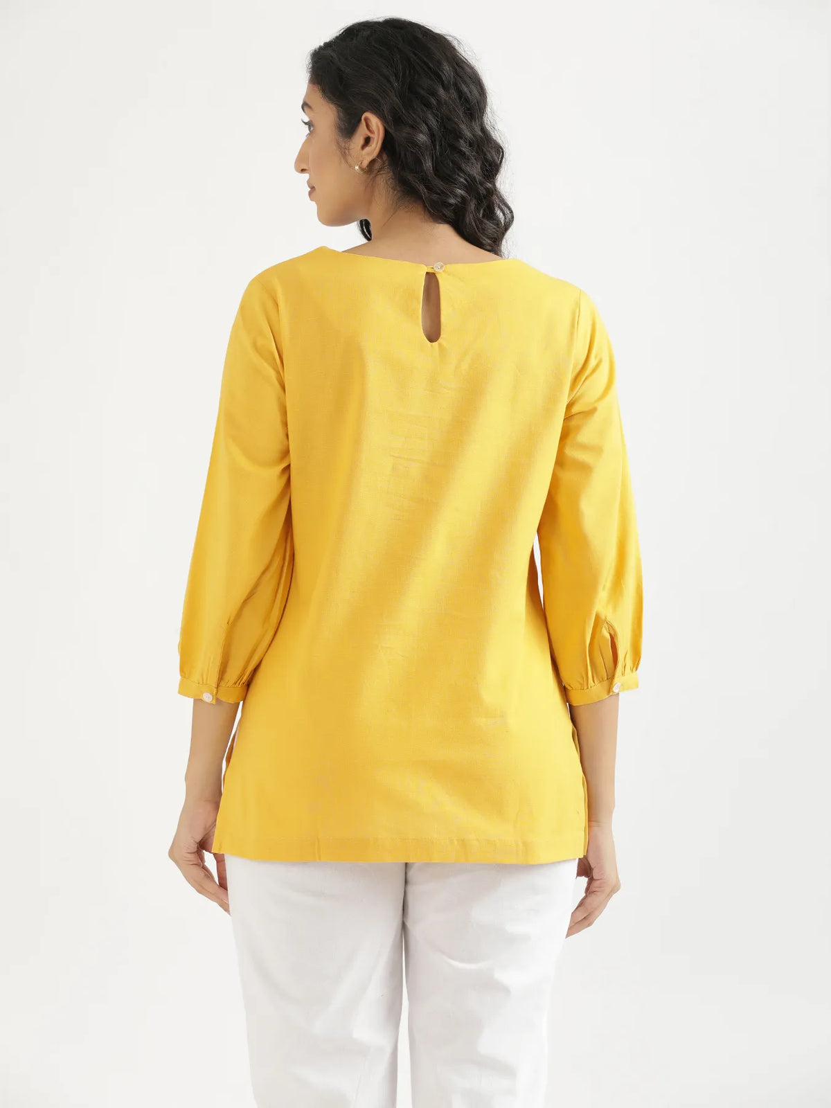 Women Yellow Airy Linen Puff Sleeve Short Kurta