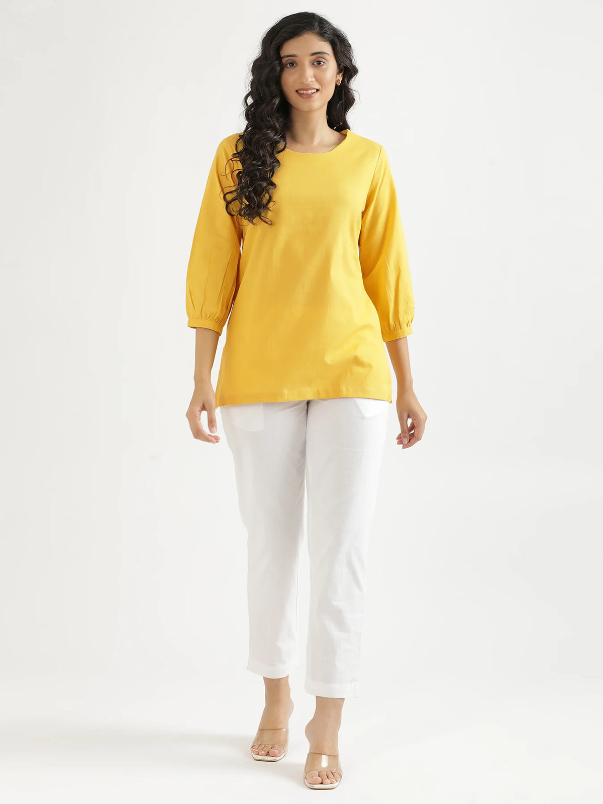 Women Yellow Airy Linen Puff Sleeve Short Kurta