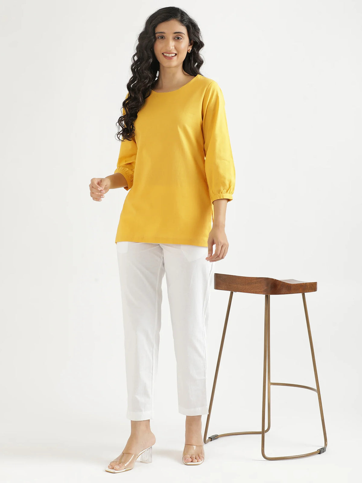 Women Yellow Airy Linen Puff Sleeve Short Kurta