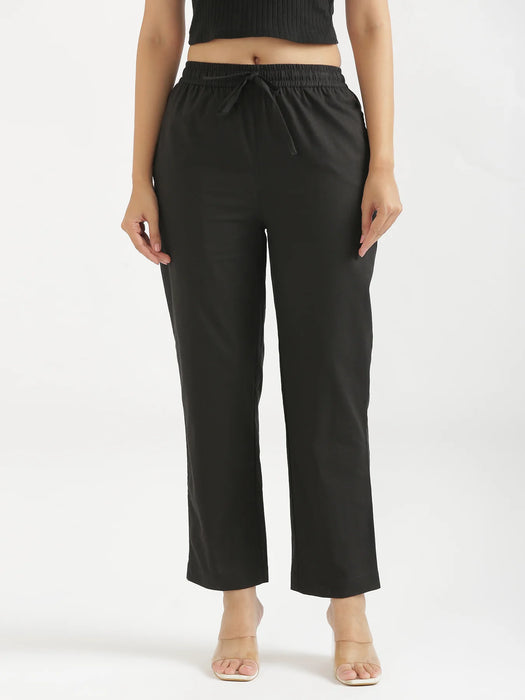 Women Black Airy Linen Relaxed Straight Pant