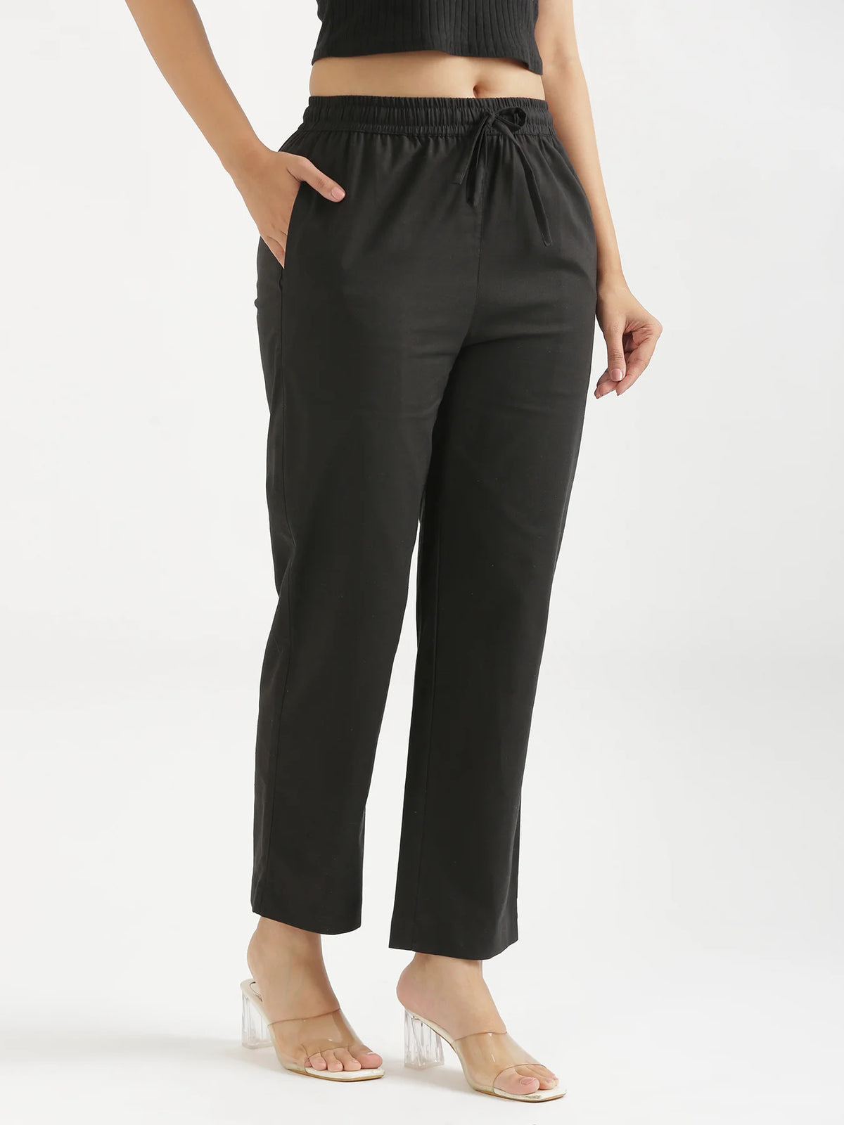 Women Black Airy Linen Relaxed Straight Pant