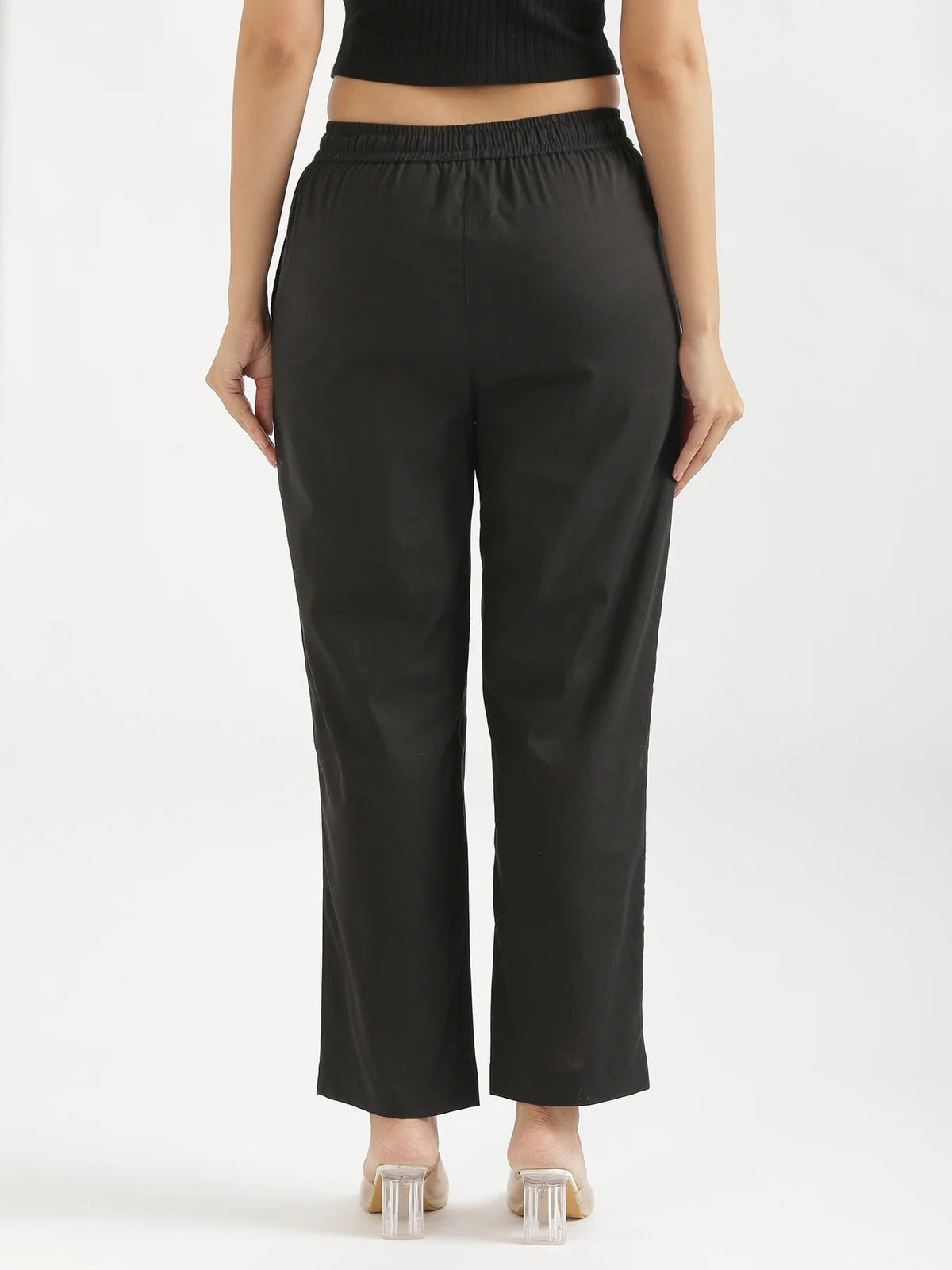 Women Black Airy Linen Relaxed Straight Pant
