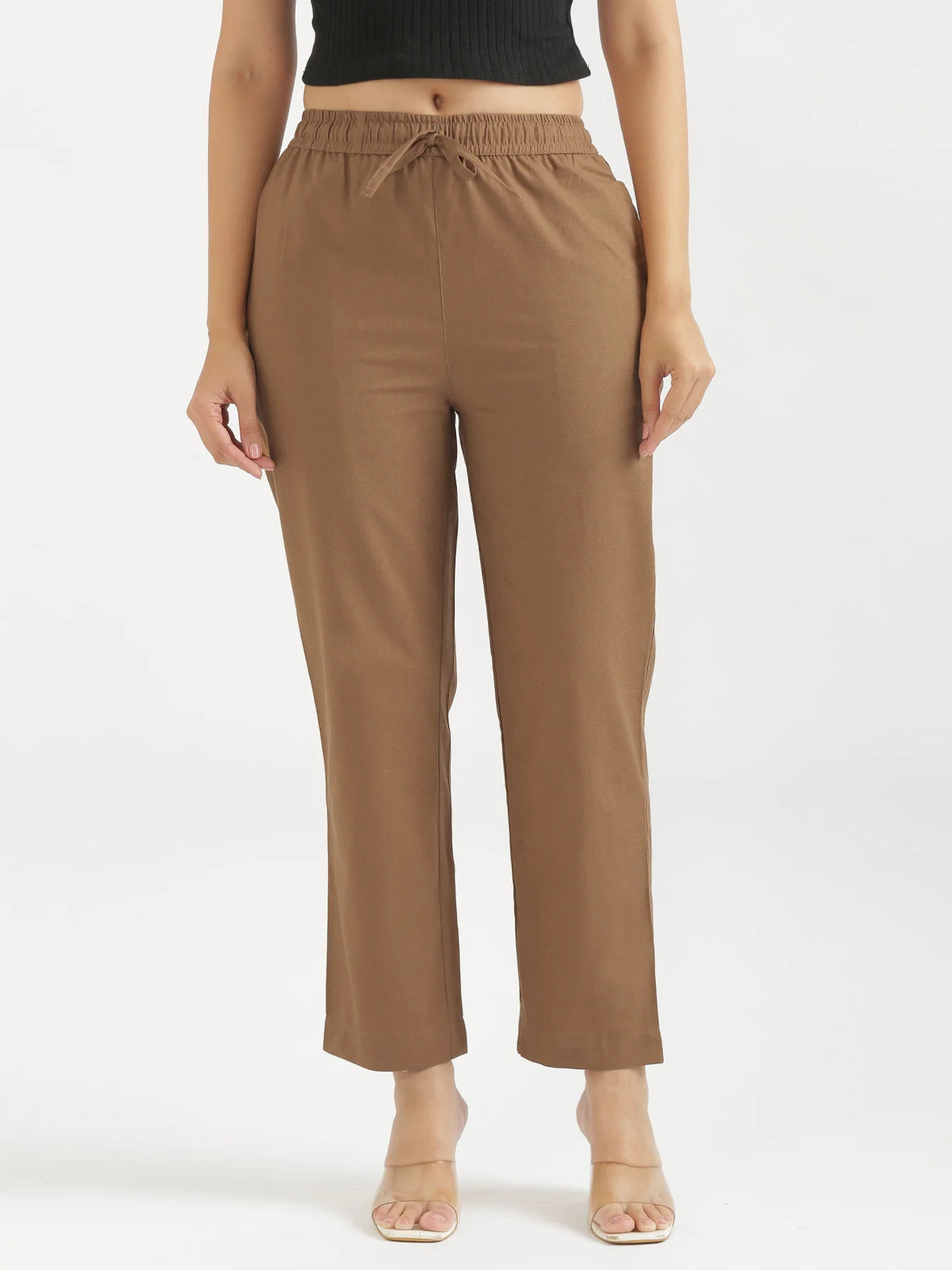 Women Coffee Brown Airy Linen Relaxed Straight Pant