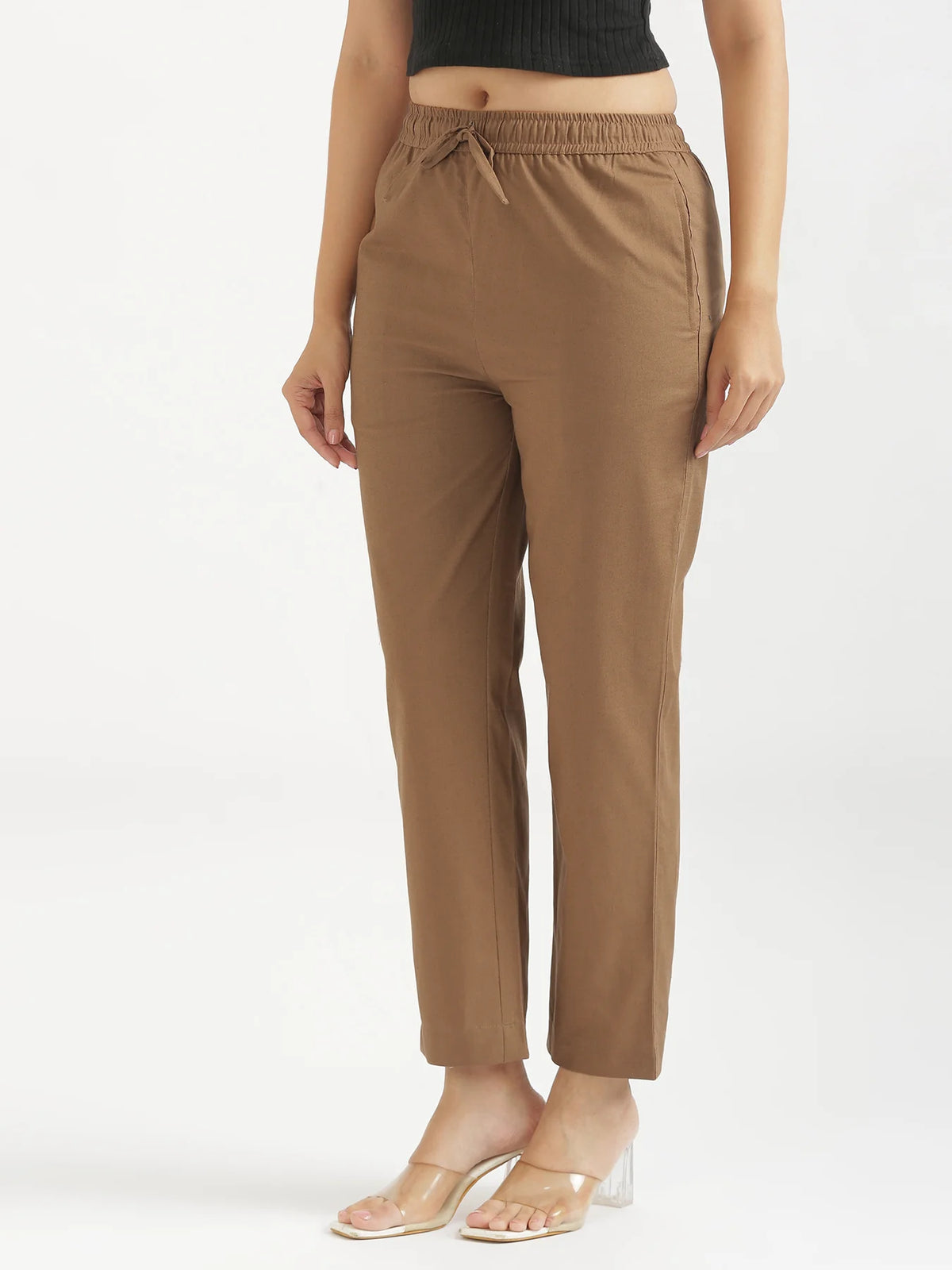 Women Coffee Brown Airy Linen Relaxed Straight Pant