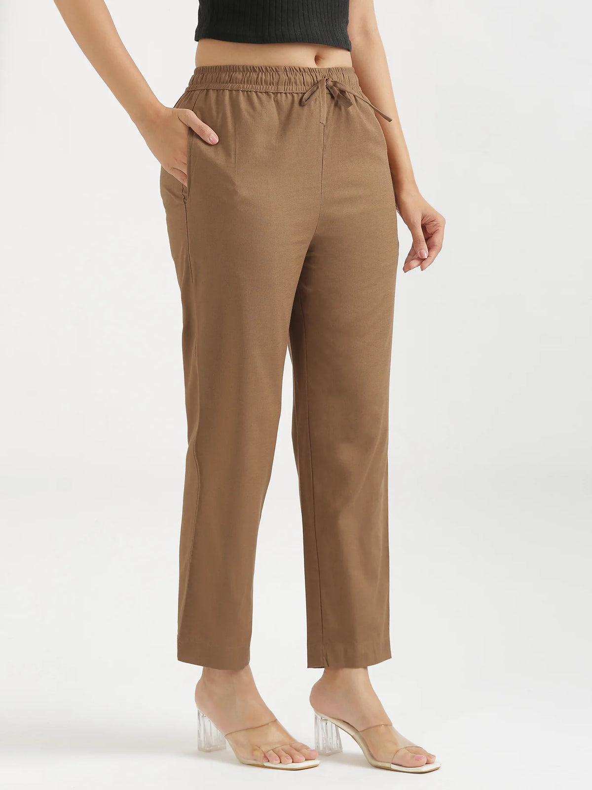 Women Coffee Brown Airy Linen Relaxed Straight Pant