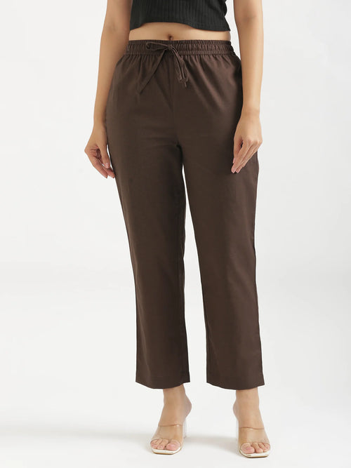 Women Dark Brown Airy Linen Relaxed Straight Pant