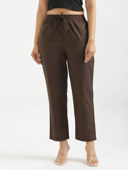 Women Dark Brown Airy Linen Relaxed Straight Pant