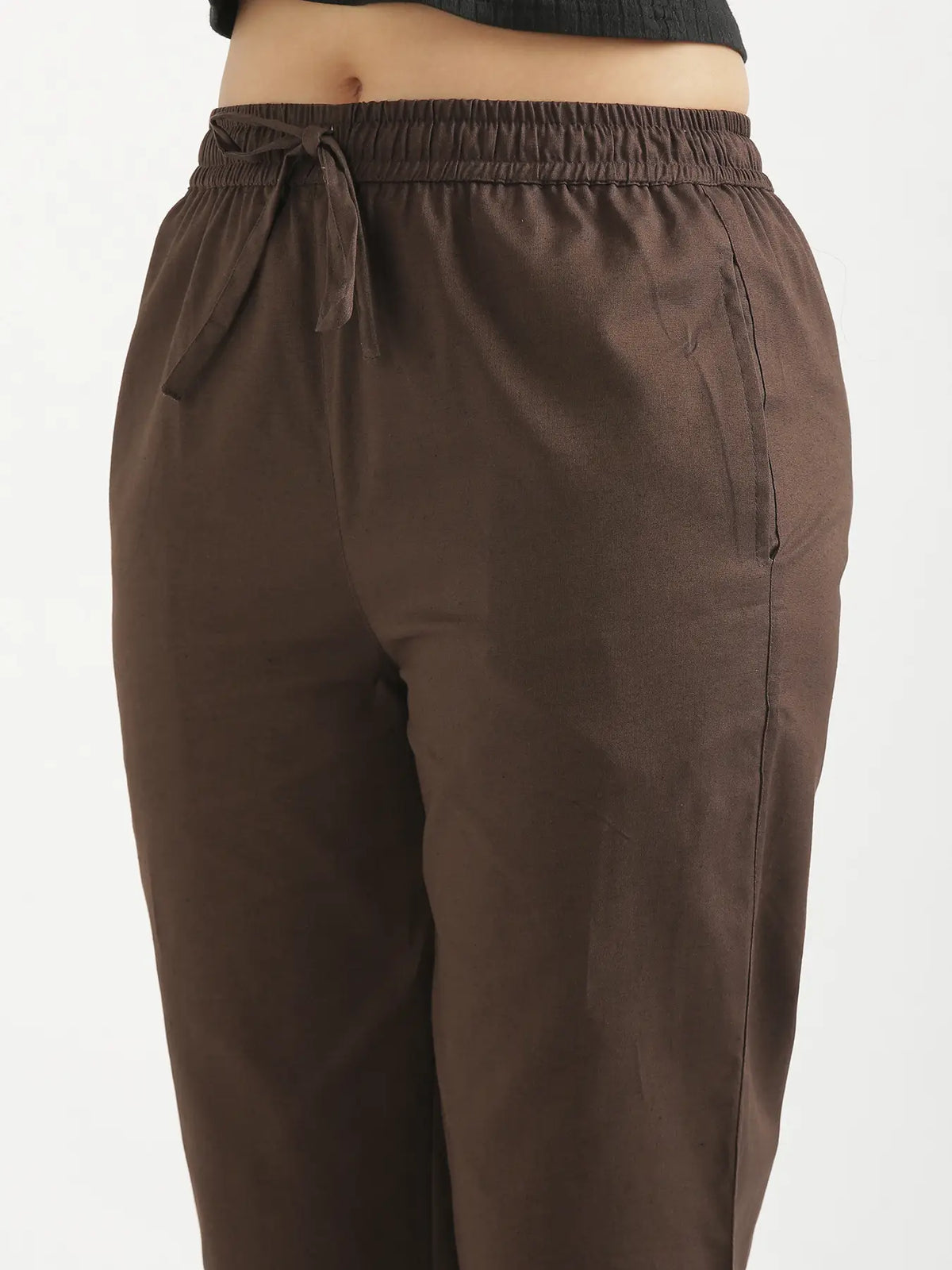 Women Dark Brown Airy Linen Relaxed Straight Pant
