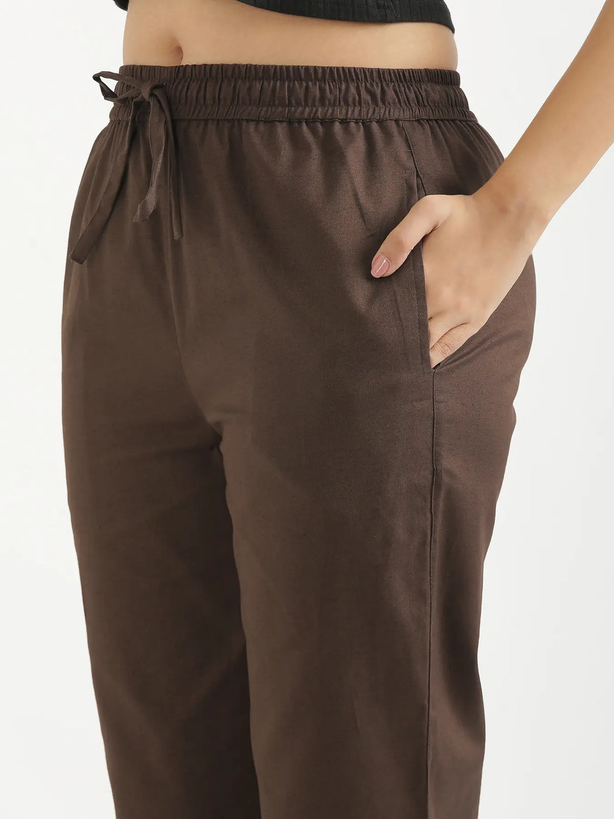 Women Dark Brown Airy Linen Relaxed Straight Pant