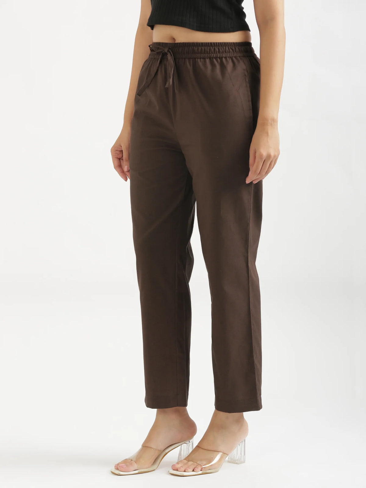 Women Dark Brown Airy Linen Relaxed Straight Pant