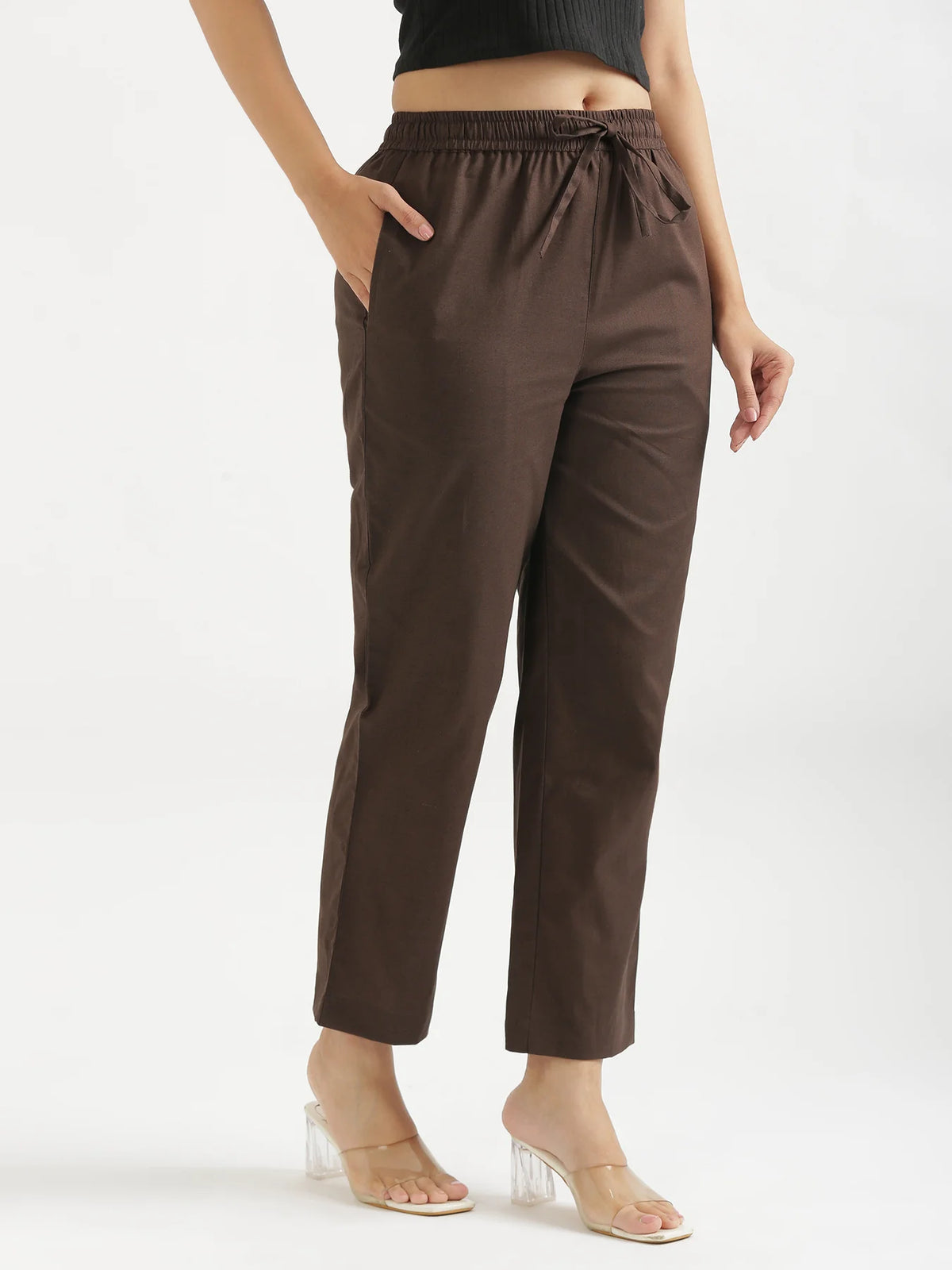 Women Dark Brown Airy Linen Relaxed Straight Pant