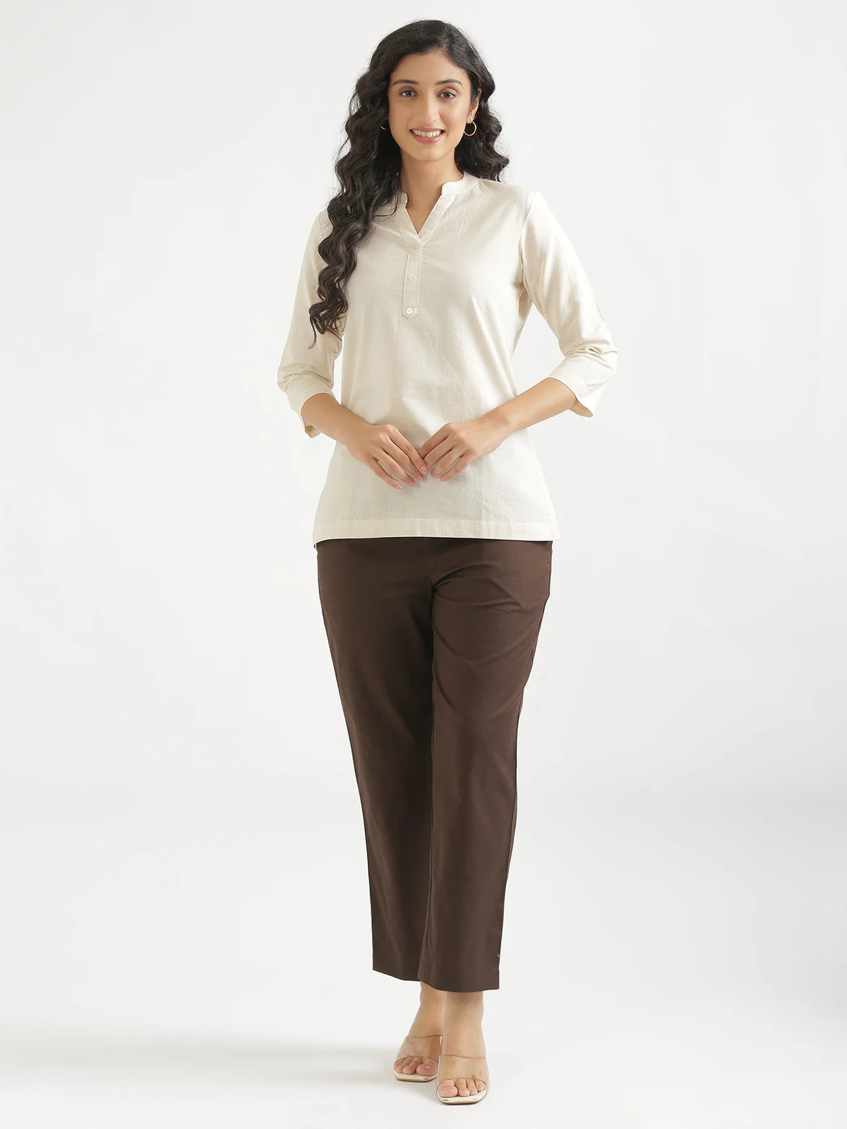 Women Dark Brown Airy Linen Relaxed Straight Pant