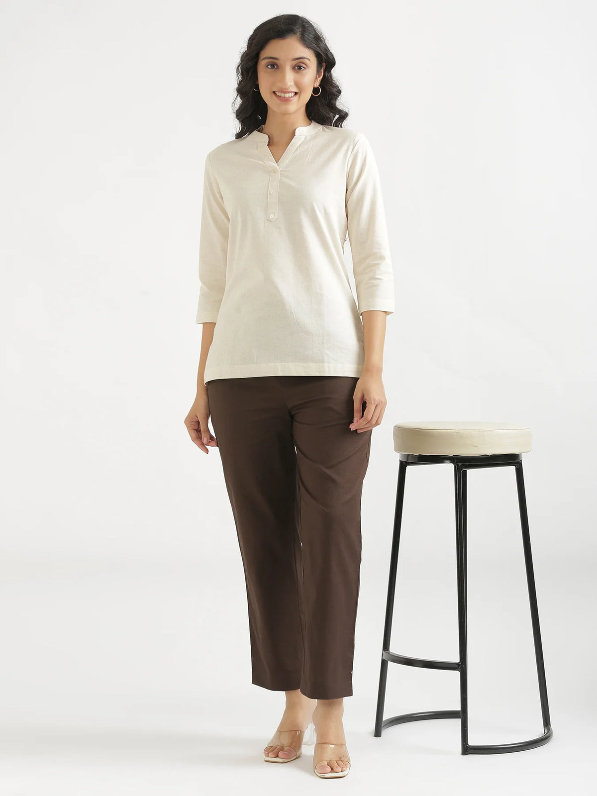 Women Dark Brown Airy Linen Relaxed Straight Pant